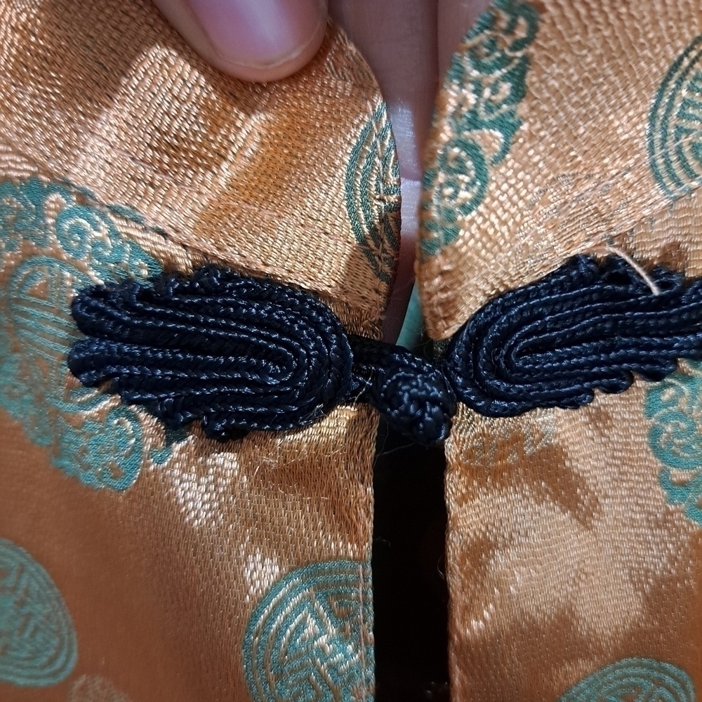 Vtg Silk Large Orange Metalic Green Medallion Open Front Jacket Kimono Asian Nic - Picture 3 of 10